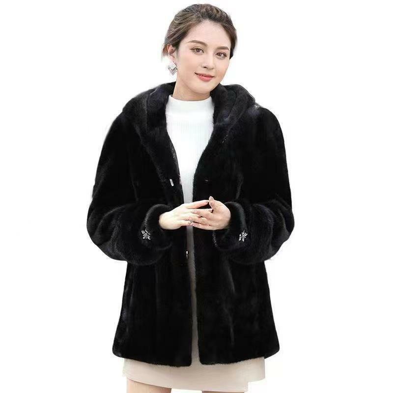 2023 New Women Faux Mink Skin Fur Coat Mid-Length Thickened Warm Hooded Parkas Winter Female Fashion Casual Solid Color Outwear