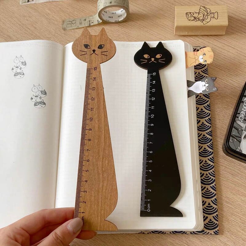 Penggaris lurus kucing cantik 15cm alat ukur lukisan kayu kartun alat tulis siswa kantor perlengkapan sekolah hadiah pembatas buku