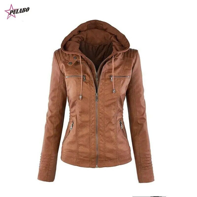 PULABO jaket kulit sintetis 7XL wanita, mantel kulit PU jaket motor hitam musim dingin musim gugur, jaket hoodie untuk wanita