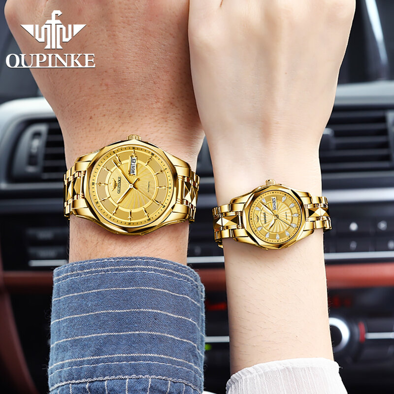 OUPINKE-ساعة ميكانيكية مع سوار للأزواج ، تقويم أعمال أنيق ، علامة تجارية سويسري فاخرة ، أوتوماتيك ، له ولها ،