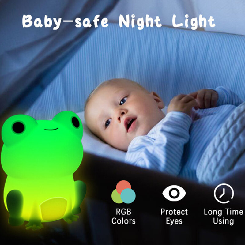 Bonito Silicone LED Sapo Night Light, Sensor de toque, Timer regulável, USB recarregável, lâmpada de cabeceira para crianças, Decoração do quarto do bebê