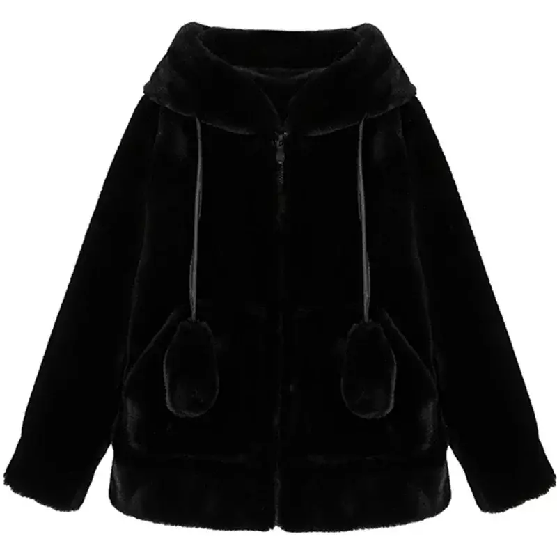 2023 Women's Plus Velvet Padded Zipper Winter Jacket Oversized Soft Harajuku Kawaii Hooded Rabbit Ears Plush Faux Cashmere Coat
