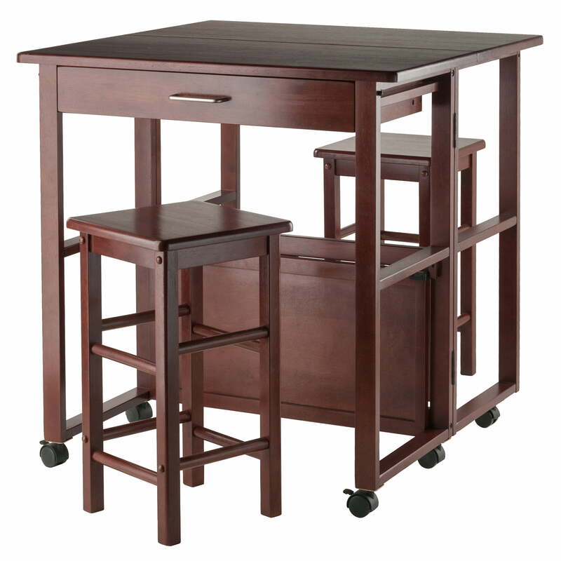 3-Pc Space Saver Bar Table and Chairs Set, Walnut Finish Pub Table Set w/ 2 Stools
