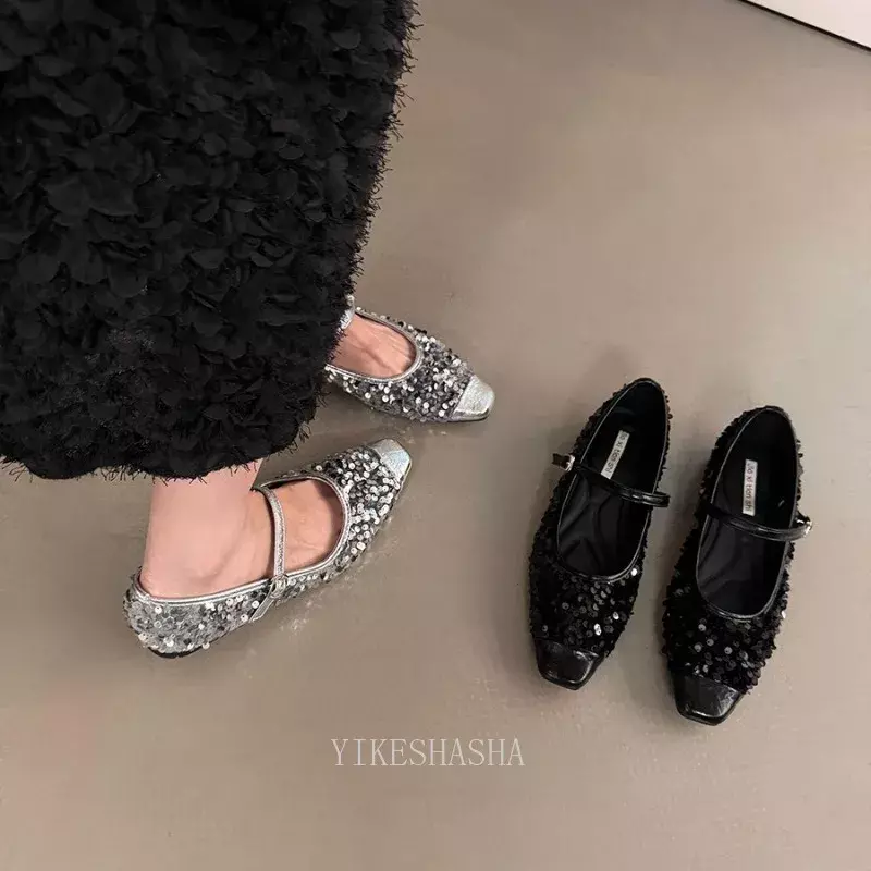 Frühling Sommer neue Mode Frauen flache Schuhe bling Pailletten Stoff Damen elegante Mary Jane Schuhe weichen flachen Absatz Kleid Ballerinas
