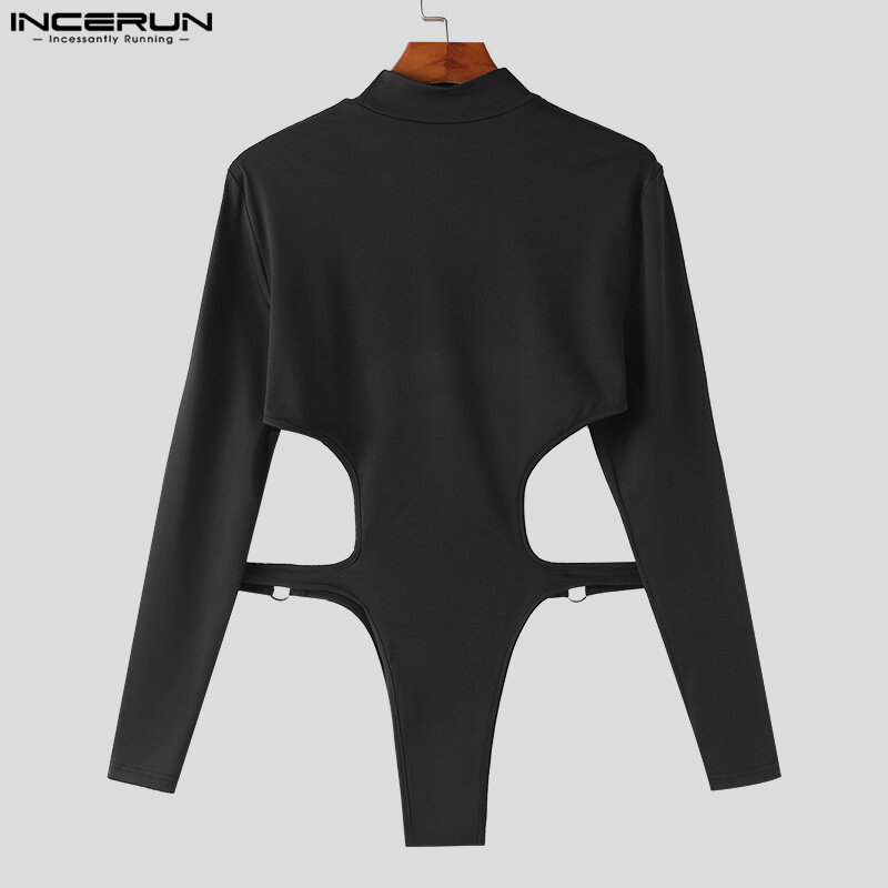 Sexy Heren Rompertjes Holle Deconstructie Ontwerp Jumpsuits Mannelijke Half Hoge Hals Lange Mouwen Driehoek Bodysuits S-5XL Incerun 2023