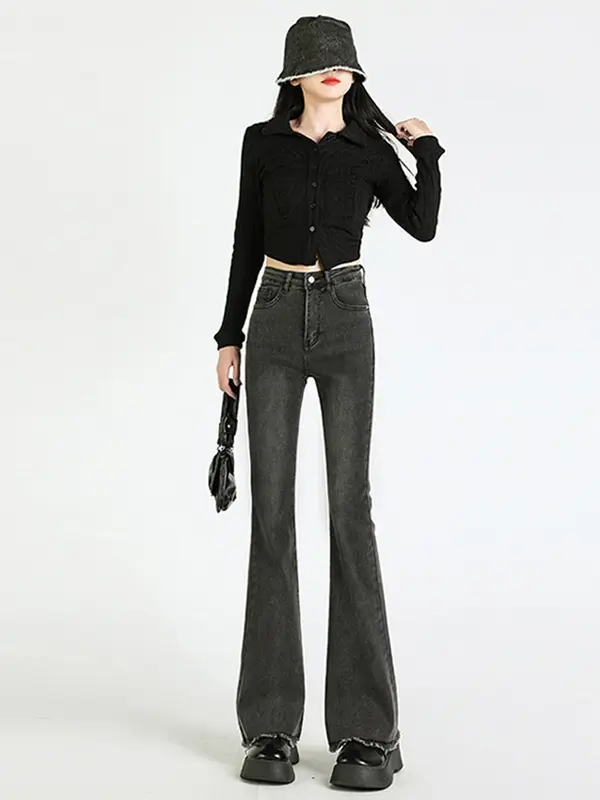 Damskie rozbłysk dżinsowy 2024 wiosna jesień Vintage moda na co dzień proste luźna, wysoka talia szerokie nogawki damskie drapowane spodnie jeansowe