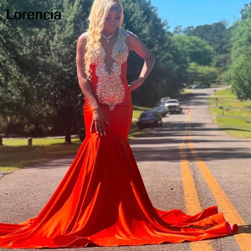 Lorencia Orange Sequined Mermaid Prom Dress For Black Girl Silver Applique Crystal Beaded Evening Special Occasion Gowns YPD137
