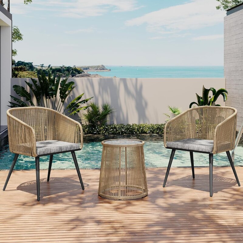 3-Piece Patio Bistro Set, Patio Conversation Bistro Set with 2 Wide Ergonomic Chairs, Cushions & Glass Top Side Table