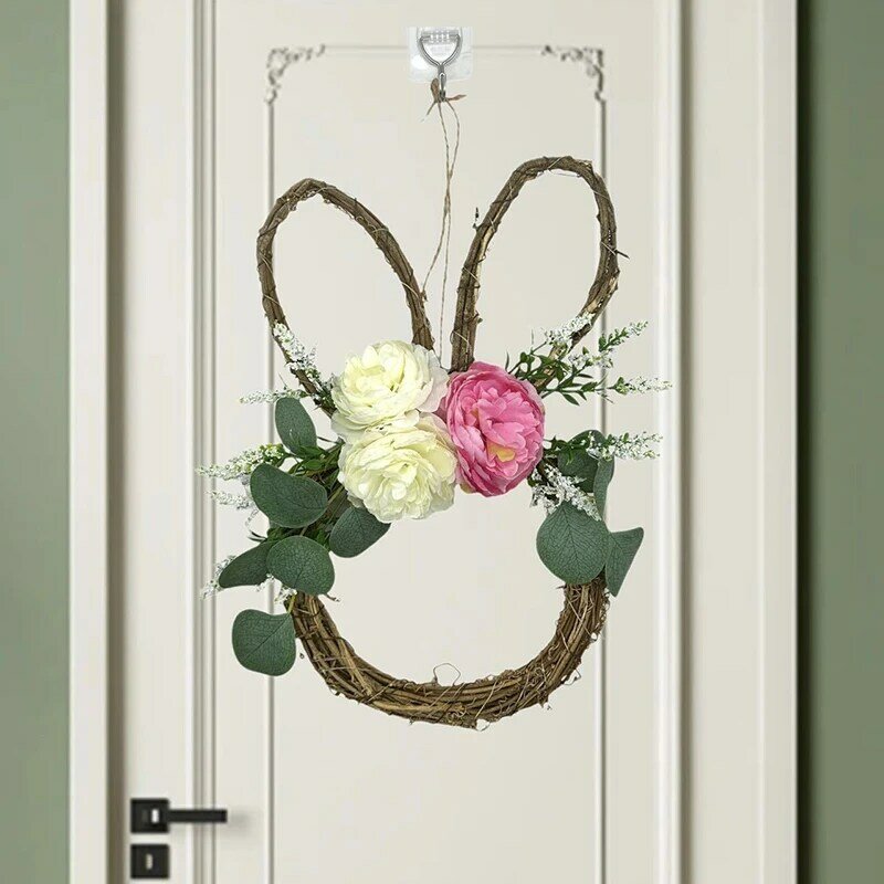 Corona de conejo de Pascua para colgar en la pared, corona simulada de primavera, decoración colgante para puerta