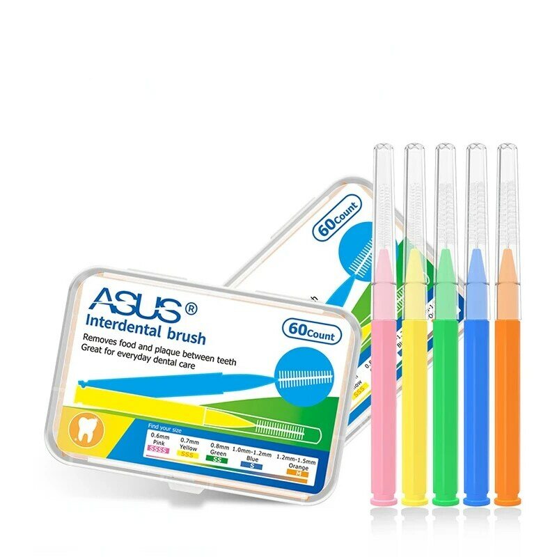 Escovas Interdentais para Cuidados Médicos, Tooth Push-Pull, Remove Alimentos e Placa, Ferramenta de Higiene Oral dos Dentes Melhores, 0,6-1,5mm, 60PCs