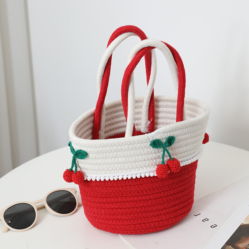 Neue niedliche Baumwoll faden Eimer Handtasche rote Kirsche gewebte Korb tasche weibliche Meer Urlaub Strand handgemachte Strohs ack Taschen