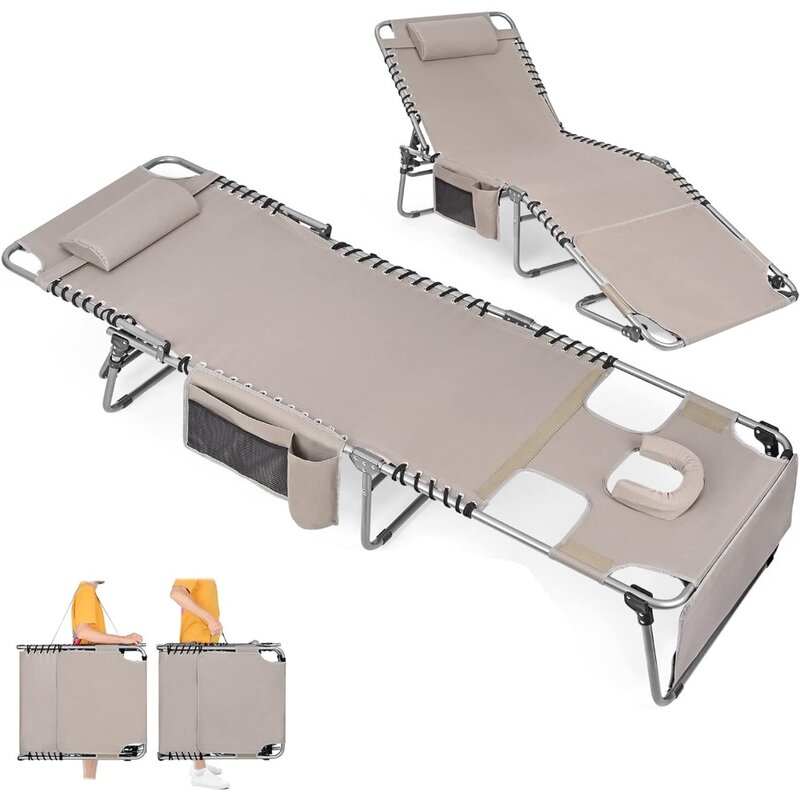 Сверхмощный стул для загара с отверстием для лица регулируемый 5-позиционный складной шезлонг стулья для улицы портативный лежачий плоский пляж