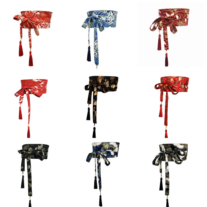 Cinturón de Kimono tradicional japonés para mujer, corsé con borla, patrón de onda azul, cinturón ancho, Yukata, Crane, Haori, Obi, cinturones asiáticos