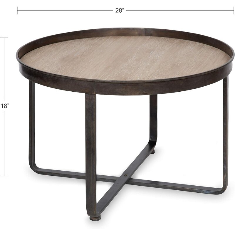 ラベルモダンファーハウスラウンドコーヒーテーブル、錬鉄製クリアスクロスベース、ホワイトオーク仕上げの木製挿入テーブル、黒