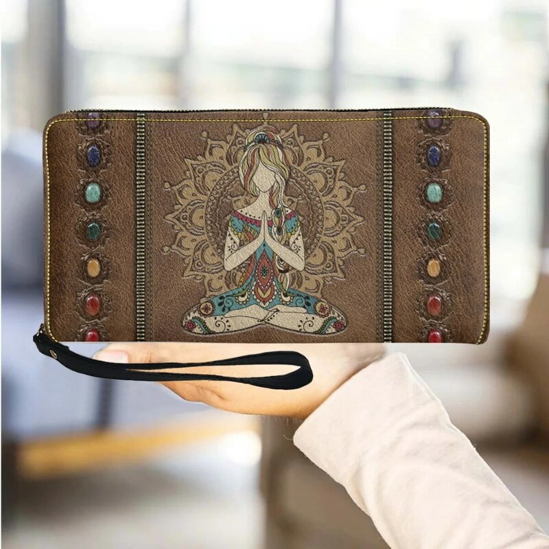 Porte-cartes Mandala Yoga Girl Design pour femmes, portefeuilles, sac à main femme, mince, fermeture éclair, téléphone portable, mode, 138