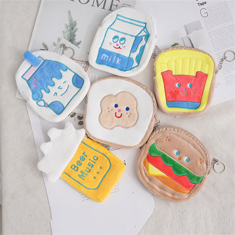 Monedero creativo de felpa para niños, bolsa Kawaii con cremallera, hamburguesa, patatas fritas, Yogurt