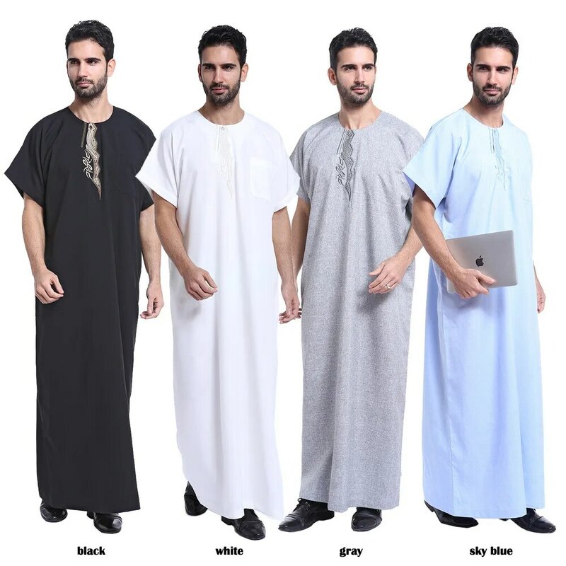 Arabische Mannen Mode Lange Gewaden Met Korte Mouwen Ronde Hals Gewaad Man Vintage Effen Kleur Moslim Kaftan Lange Shirts Casual Jubba Thobe