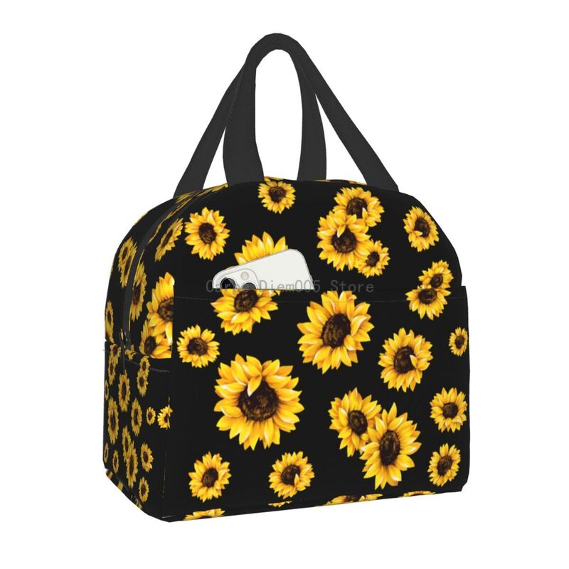 女性用の等温ひまわりランチバッグ,デイジーと花柄のランチボックス,学校用のポータブルピクニックバッグ