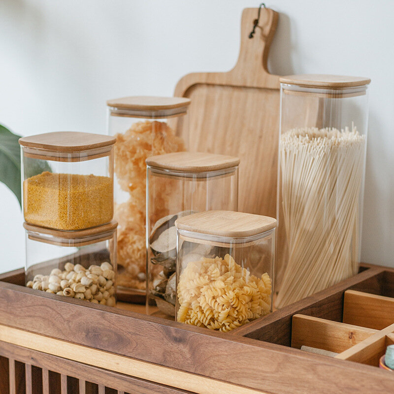 Tanque de almacenamiento con tapa de bambú para cocina, frascos de vidrio para especias, condimentos, organizador, contenedor hermético