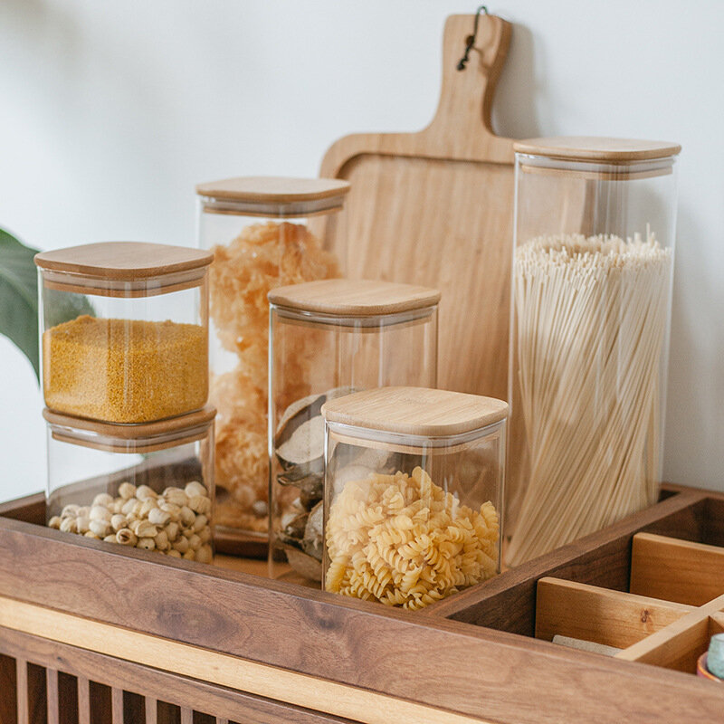 Penyegelan Tangki Penyimpanan Biji Teh Mason Dapur dengan Tutup Bambu Stoples Kaca untuk Bumbu Organizer Wadah Kedap Udara