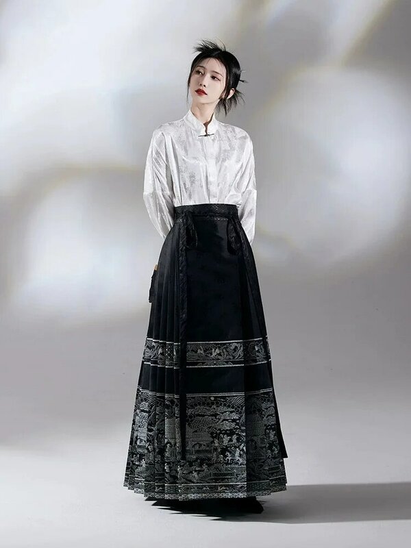 Rok gaun kencan santai gaya tradisional Cina modis lampu bermuka kuda panjang Dinasti Ming Universal