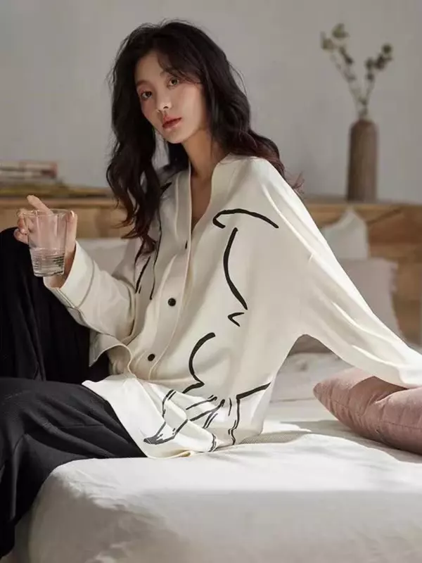 Women's Pajamas Suit Cute Bunny Print Spring and Fall Long-sleeved Long Pants New Korean Casual Wearable Sleepwear Home Wear