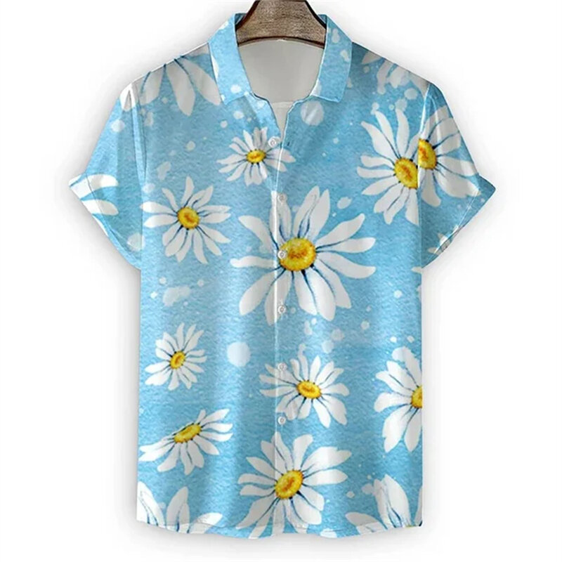 국화 3D 프린트 셔츠, 남성 패션 하와이안 셔츠, 반팔, 캐주얼 비치 셔츠, 싱글 브레스트 블라우스, 남성 의류