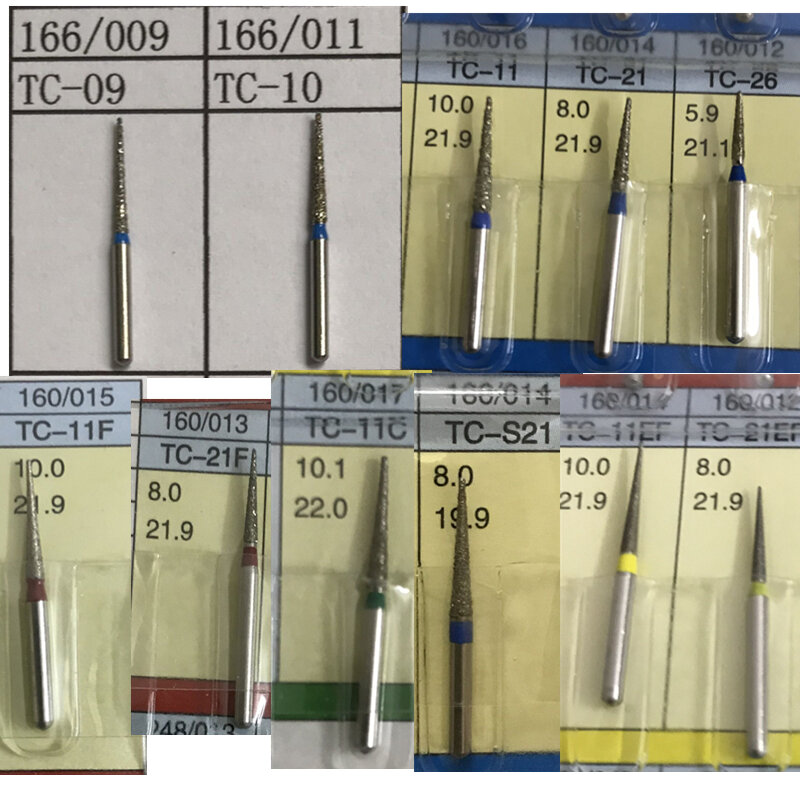 Cone Cônico End Diamante Burs Dental, Agulhas Forma, FG 1.6mm Diâmetro, TC-09, TC-10, TC-11, TC-21, TC-26,TC-28,, 10 Pcs