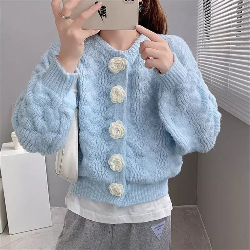 Flower Design Sweet Knitted Sweaters Japan Style Women V-Neck Short Cardigans Thick Warm Loose Casual Autumn Winter Coats Tops