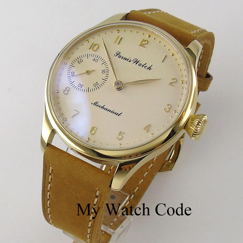 PARNIS-Relógio mecânico de corda manual masculino, relógio de pulso em aço, dourado, desportivo, 17 joias, 64mm, Movtt, pulseira cáqui, costas de vidro, vintage, 6497
