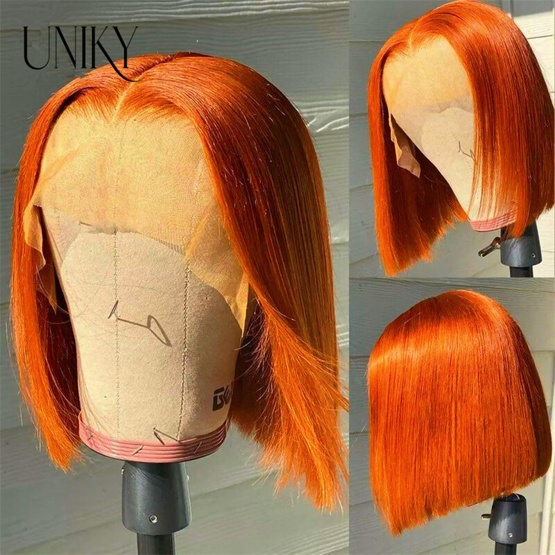 Nosić i iść bezklejową perukę ludzkie włosy gotowe do noszenia peruki z krótkim bobem dla kobiet przezroczyste HD wstępnie wycięte koronki imbir pomarańczowy straight Bob