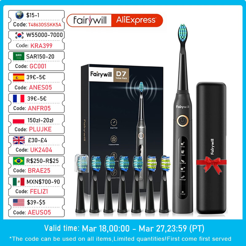 Fairywill-cepillo de dientes eléctrico sónico para adulto, carga USB recargables con cabezales de repuesto, resistentes al agua, FW-507