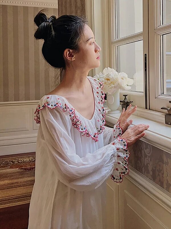 Women French Fairy Vintage Princess Night Dress Embroidery Sweet Two Piece Sets Pajamas Long Sleeve Ruffles Victorian Nightgowns