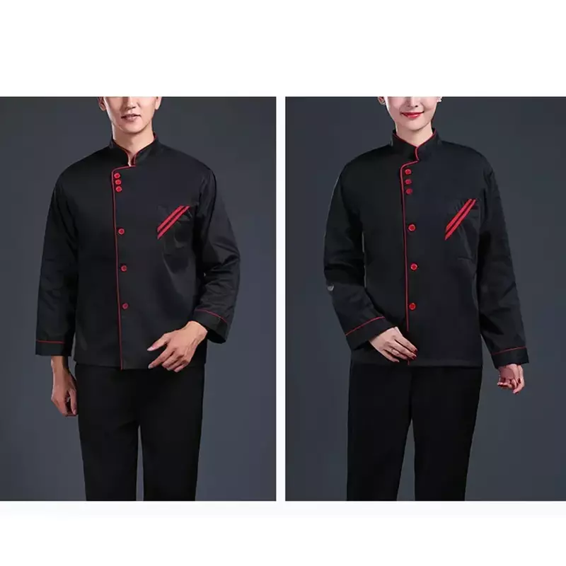 Camisas Unisex para hombre y mujer, ropa de cocinero, chaqueta de Chef, abrigos, traje informal, manga de uniforme de Catering, color negro