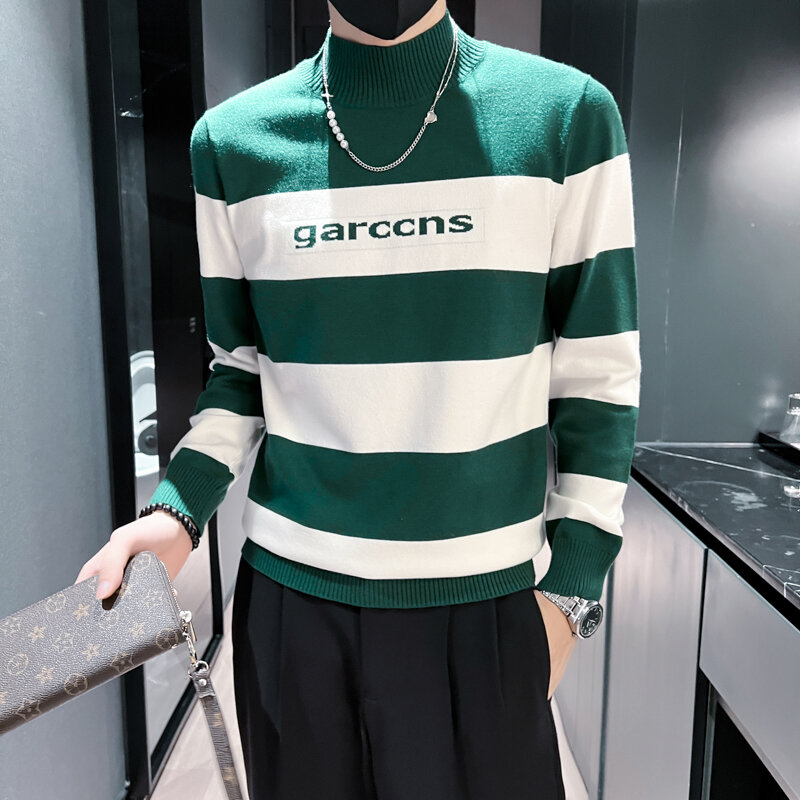 Color Contrast Striped Sweater/ High Quality Mens Autumn Winter New Half Height Collar Casual Slim Fit Trendy Knitting Pullover
