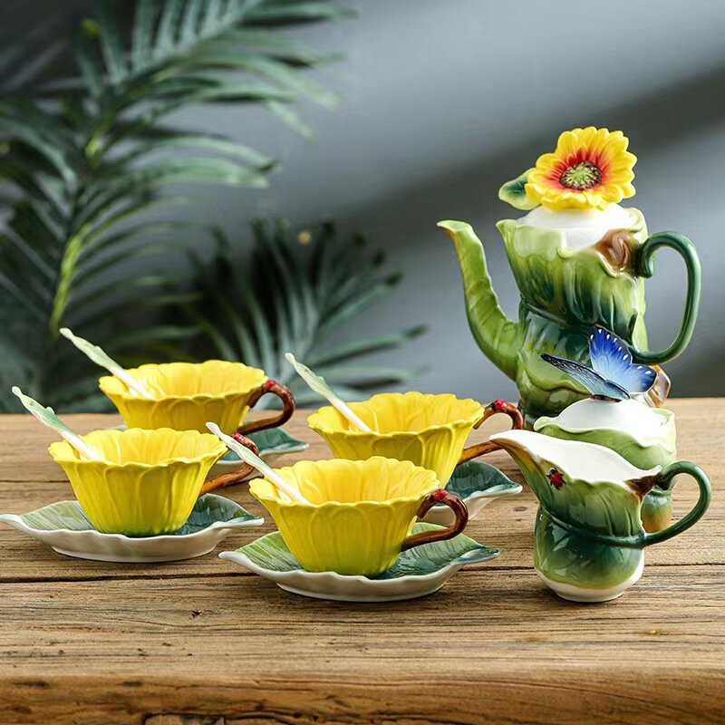 エレガントな植物の形をしたエナメルカップ,コーヒー,お茶,サーマル,ヒマワリの形,セラミック,コーヒーセット