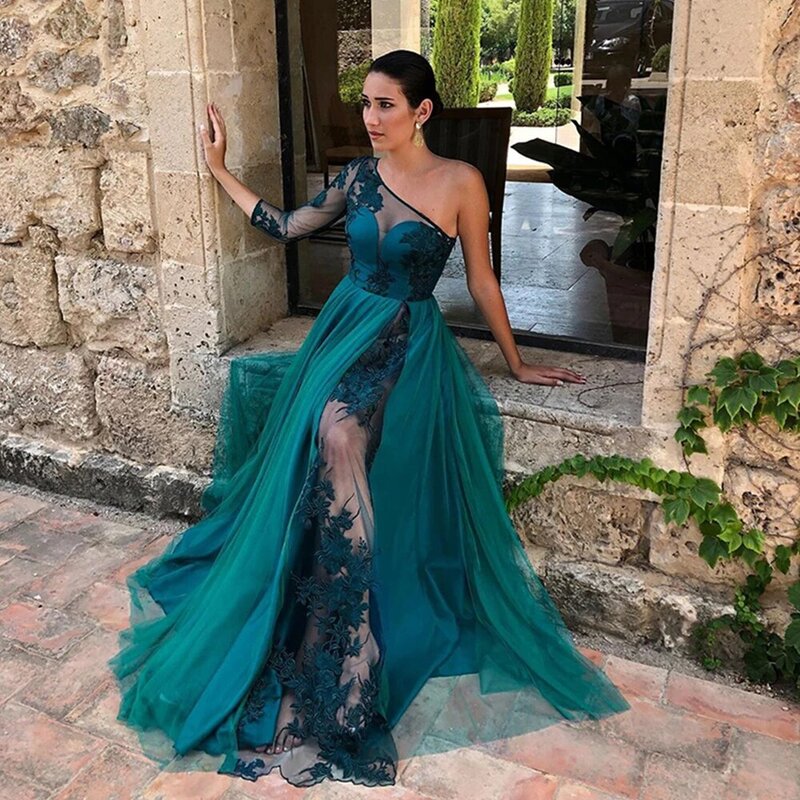 Gaun malam wanita Arab mewah elegan satu bahu lengan zamrud hijau seksi belaka renda applique Formal pesta Prom jubah