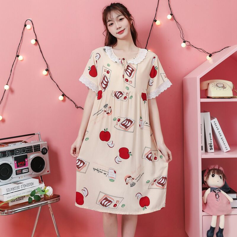 Gaun malam kerah bulat wanita mode Jepang baju tidur Ins tipis musim semi musim panas baju tidur layanan rumah baju tidur Cetak