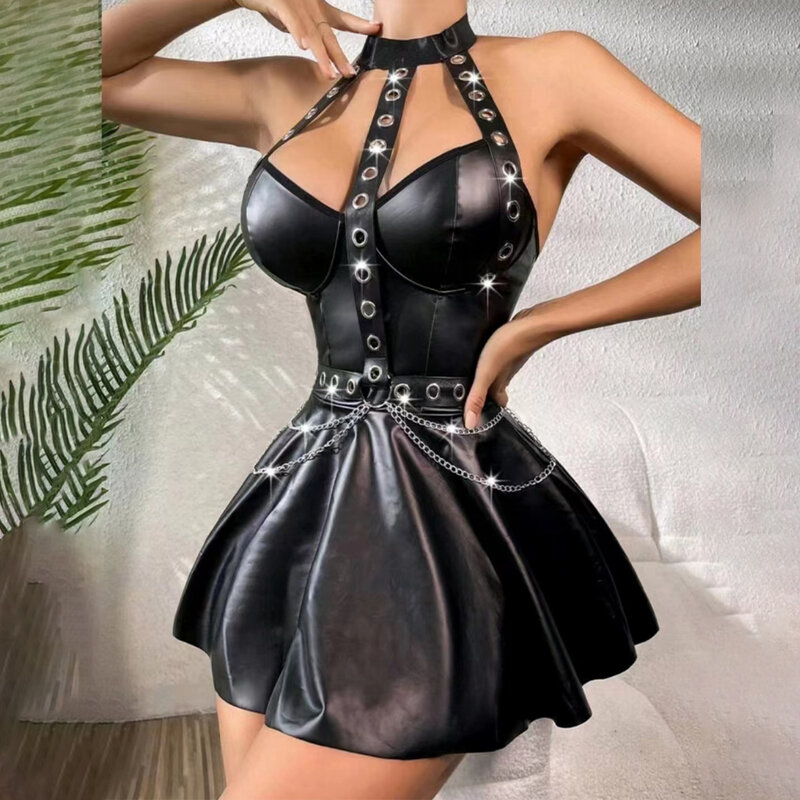Seksowna damska wyglądające na mokre czarna skóra ze skóry PU krótka sukienka Punk ćwiekowa sukienka nocna impreza odzież erotyczna bielizna bez pleców