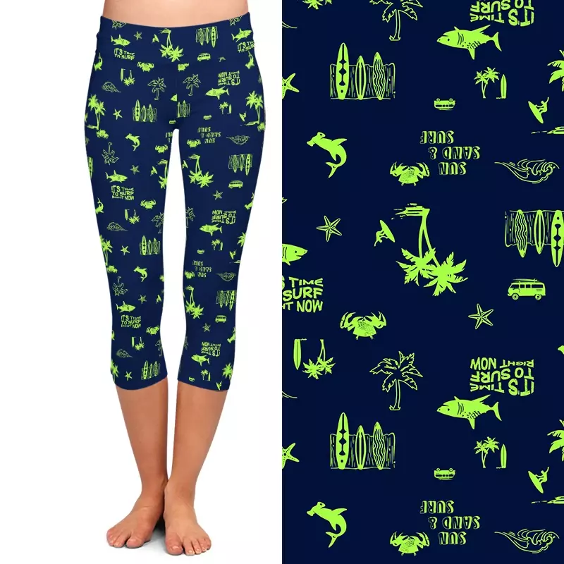 LETSFIND-Calças capri com estampa de tubarão para mulheres, prancha de surf palmeira, leggings elásticas, meia panturrilha 3/4, cintura alta, moda, verão