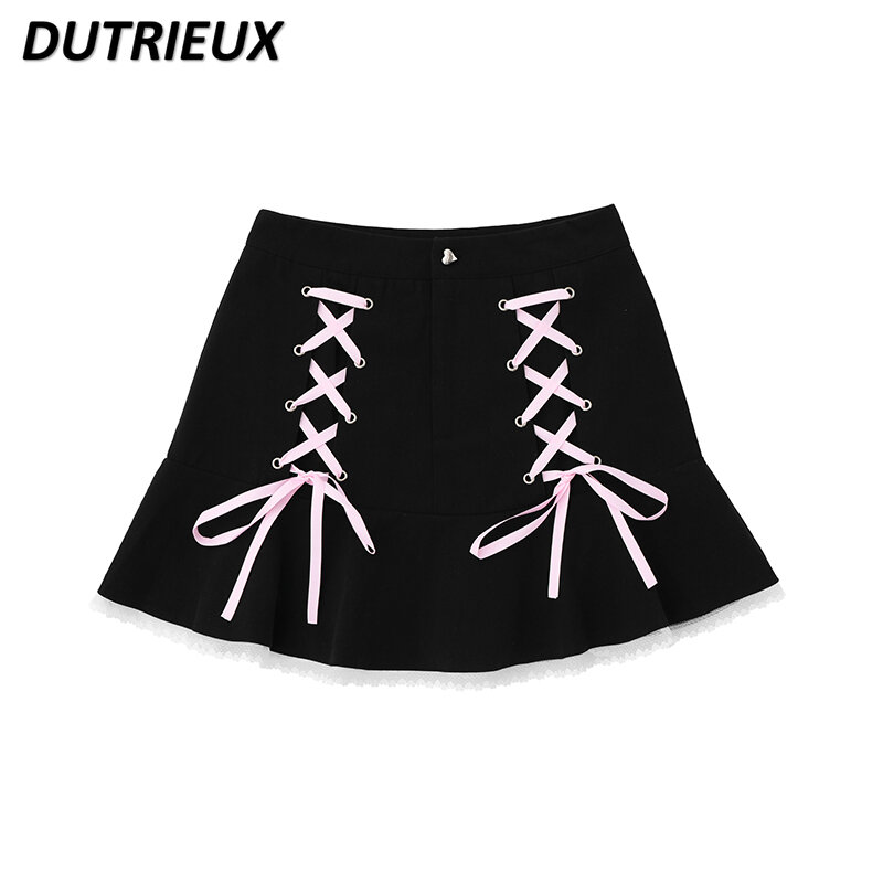 Sweet Hot Girl Strap Stitching Lace Pleated Mini Skirt Female Figure Flattering Slim-Fit Versatile A- Line Sheath Short Skirts