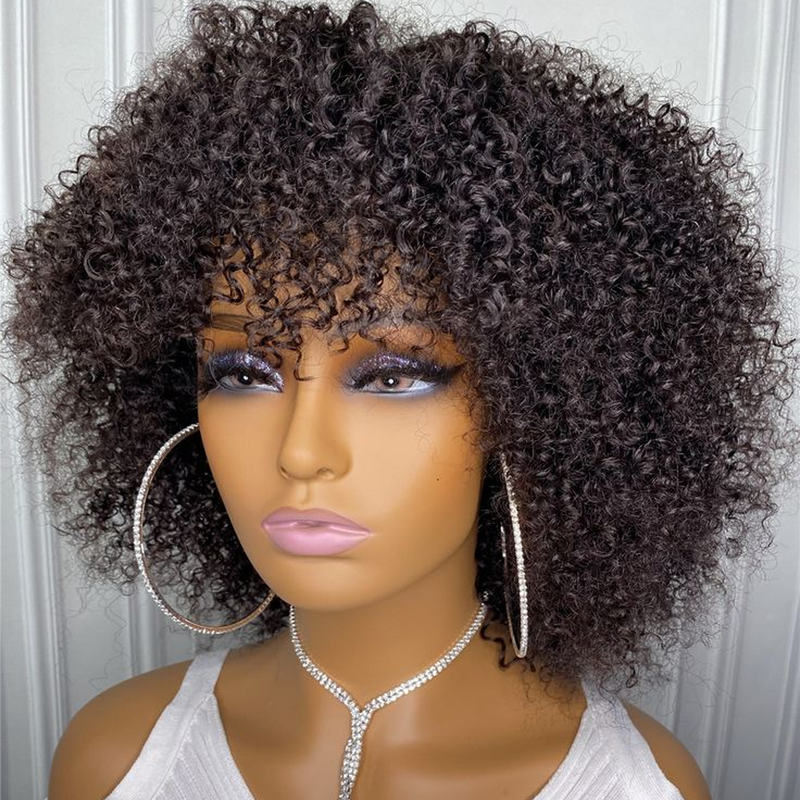 250D brązowy kolor Afro perwersyjne kręcone ludzkie włosy peruki z grzywką na bezklejową perukę Remy brazylijski krótki kręcone ludzkie włosy peruka