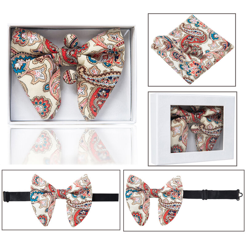 Set Cufflink Kantung Dasi Kupu-kupu Besar Beludru Berkualitas untuk Pria Dasi Sapu Tangan Merah Biru Solid untuk Pernikahan dengan Kotak Hadiah