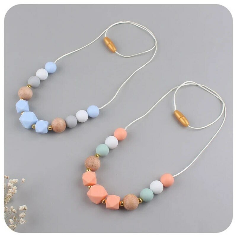 Teeth Soothing Necklace Wearable Beads Pendant Necklace Silicone Long Chain Teething Toy Stroller Crib Decorations
