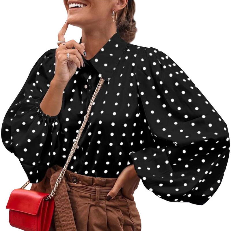Blusa de Chiffon feminino com lanterna mangas, lapela bolinhas, botões Tops, camisa