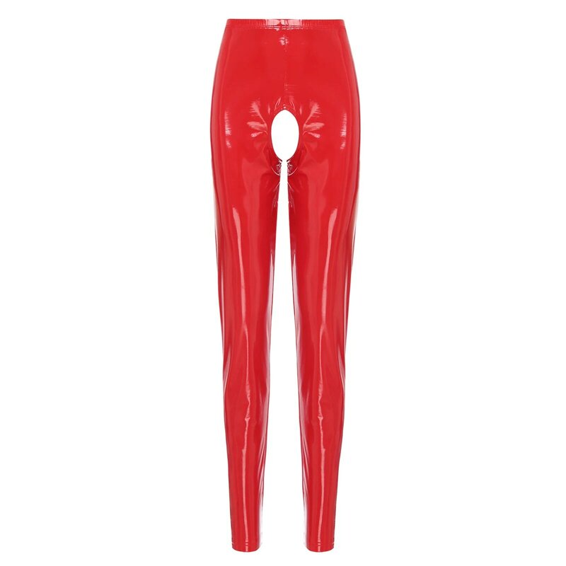 Womens Crotchless Pants Glossy Patent Leather Leggings Elastic Waistband High Waist Slim Fit Tights Party Pole Dance Clubwear