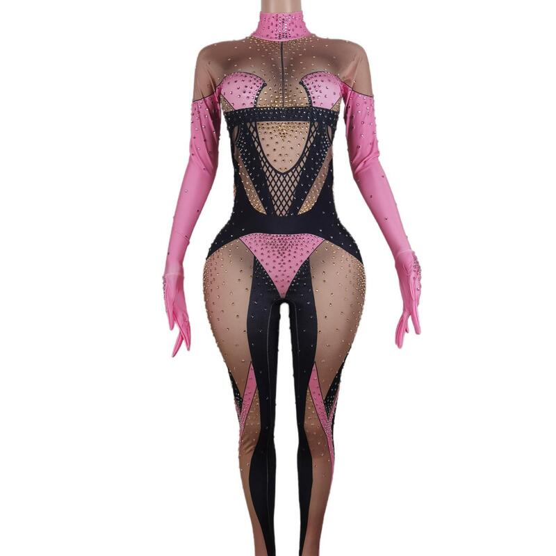Pink Spandex Stones Macacão com luvas Feminino Cantor Performance Bodysuit Aniversário Comemorar Leggings Outfit Fenmo