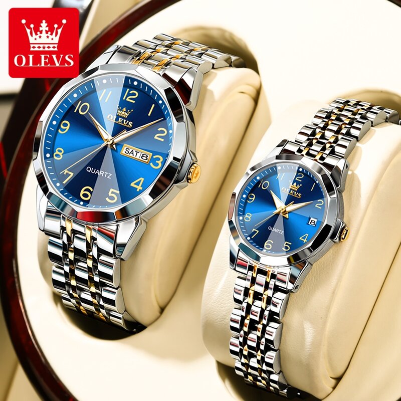 OLEVS jam tangan pasangan Quartz pria dan wanita, arloji tangan cermin belah ketupat tombol angka, jam tangan asli Stainless Steel 9970