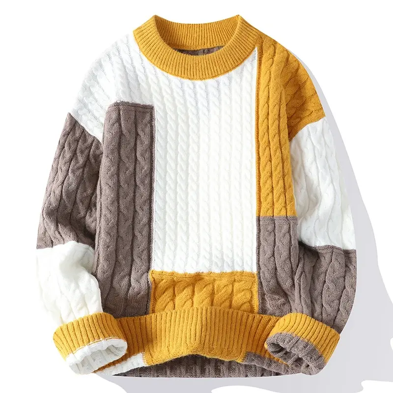 남성용 패치워크 루즈 스웨터, 스트리트웨어 하이 퀄리티, 캐주얼 스웨터, 따뜻한 뜨게 풀오버, 용수철 겨울 패션, 신상