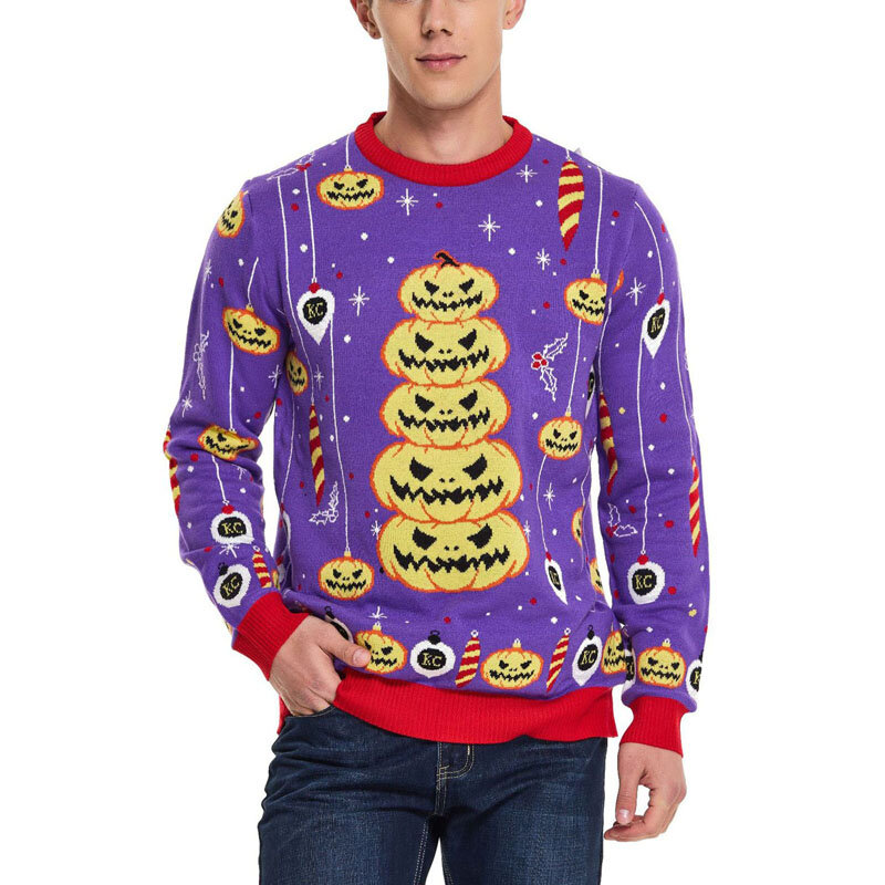 Men Knitted Sweater Halloween Pumpkin Print Long Sleeve Jumper Fall Casual Pullovers Tops Streetwear